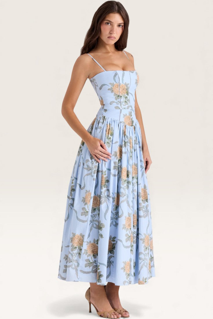 Blue – Elegant Floral Waist-Cinching A-Line Dress