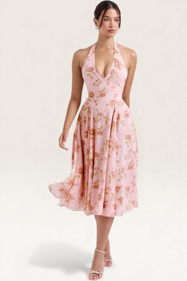 Pink – Romantic Floral Halter Vacation Dress