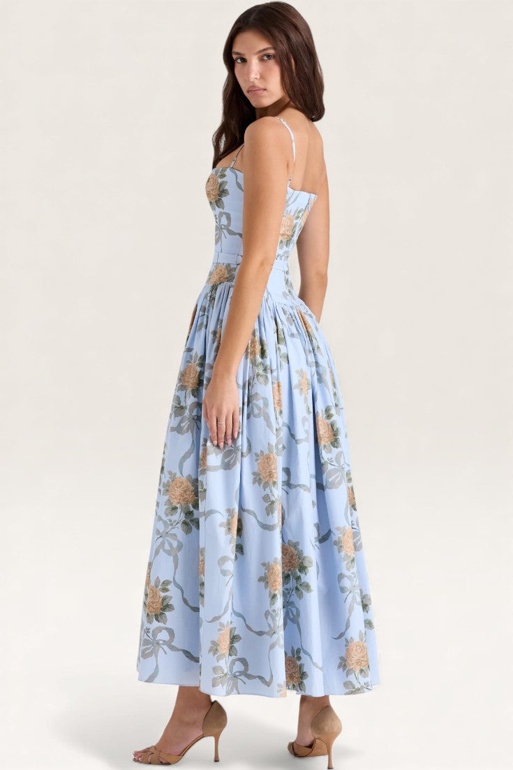 Blue – Elegant Floral Waist-Cinching A-Line Dress