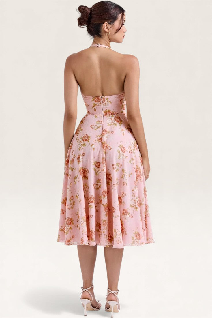 Pink – Romantic Floral Halter Vacation Dress