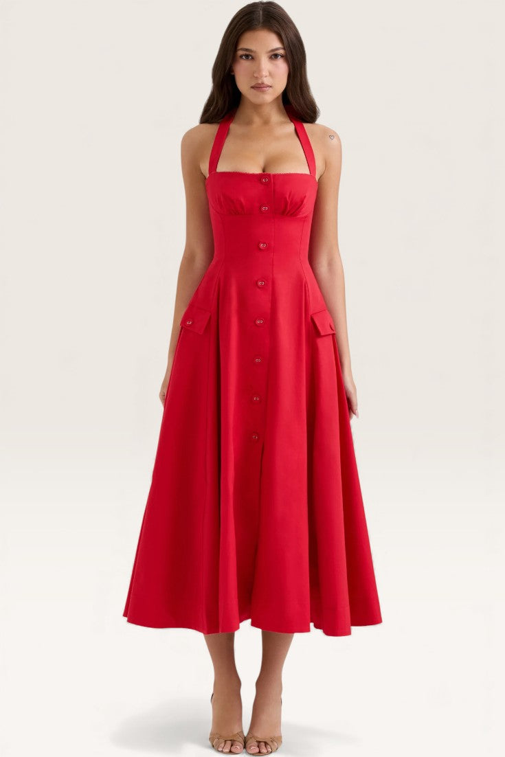 Red - Backless Halter Slim Fit Dress
