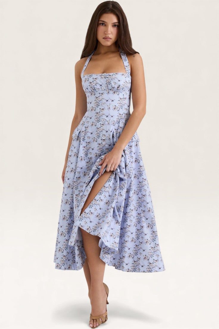 Floral - Strapless Halter Floral A-Line Dress