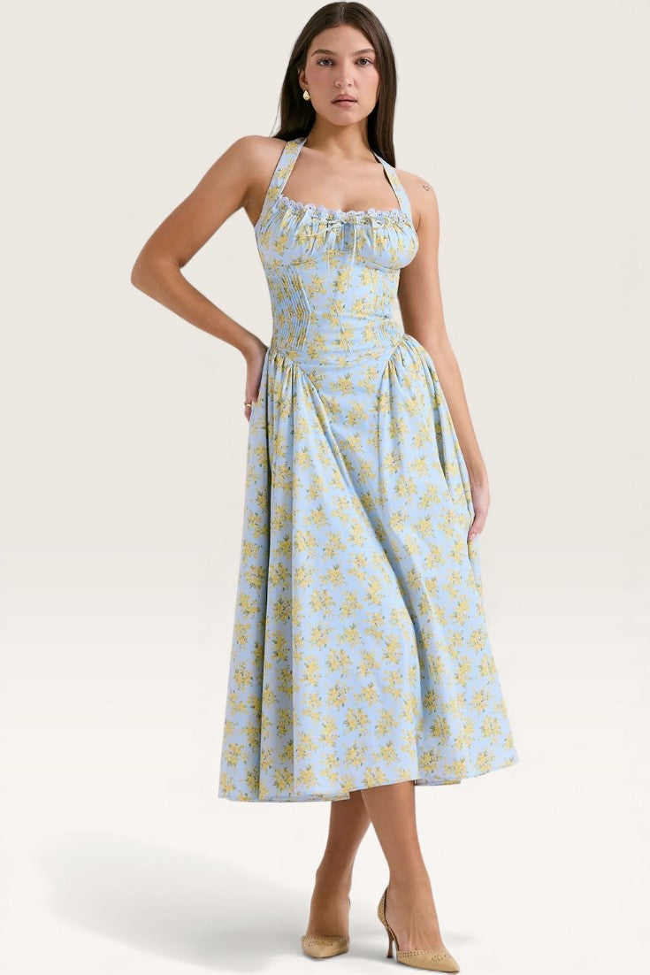 Blue - Sexy Floral Halter Neck Dress