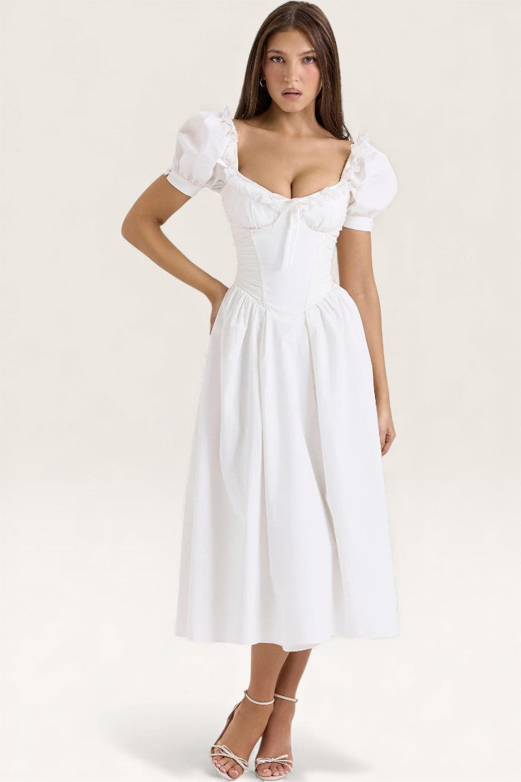 White – Sweet Lace-Panel A-Line Dress