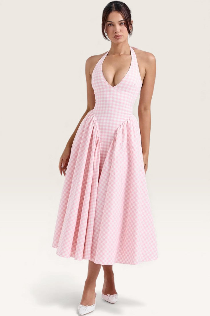 Pink – Sweet Pink Plaid Halter Dress
