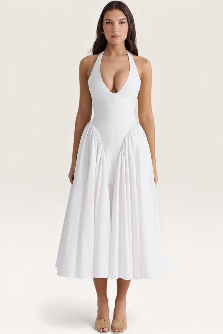 White – Elegant Halter V-Neck Flowy Dress