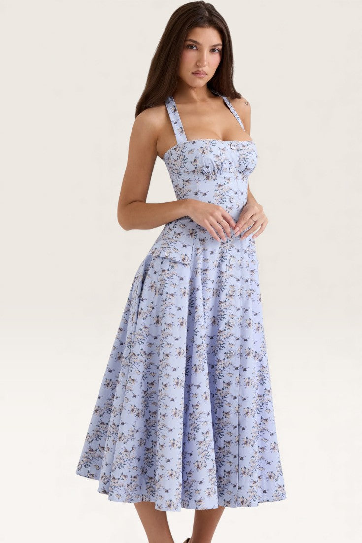 Floral - Strapless Halter Floral A-Line Dress