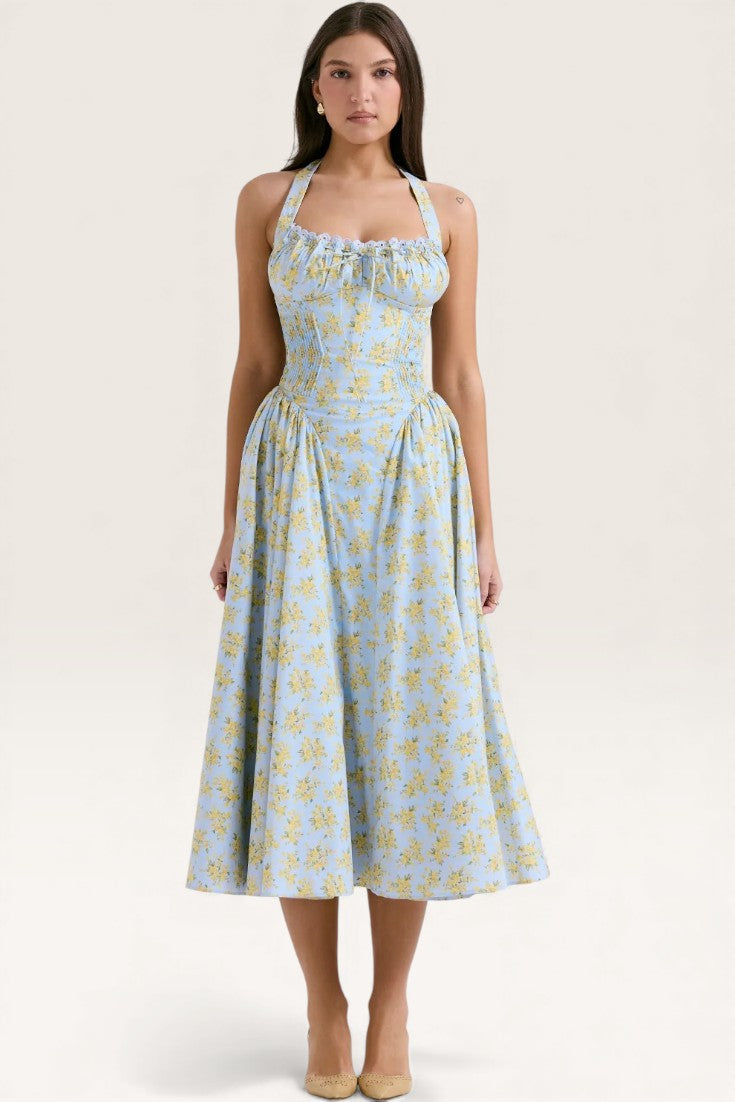 Blue - Sexy Floral Halter Neck Dress