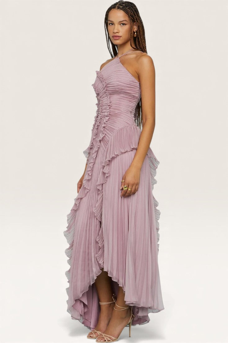 Lotus Pink – Flowy Backless Halter Dress with Pointed Collar