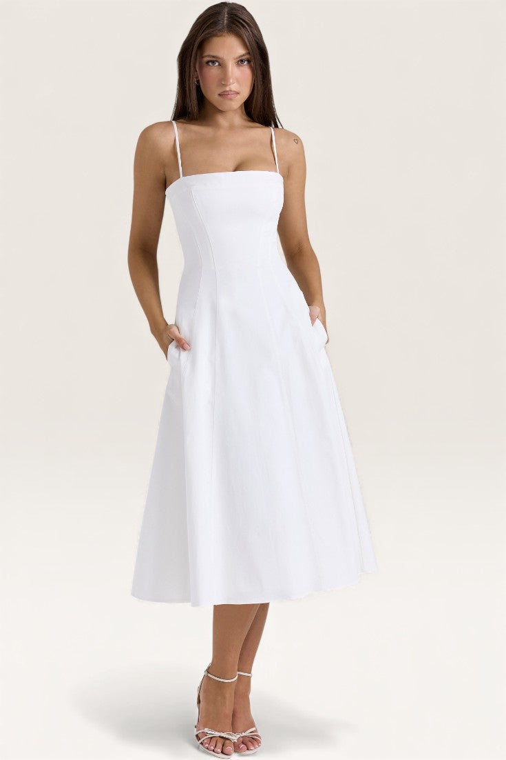 White - Chic Waist-Defined Spaghetti Strap Maxi Flare Dress