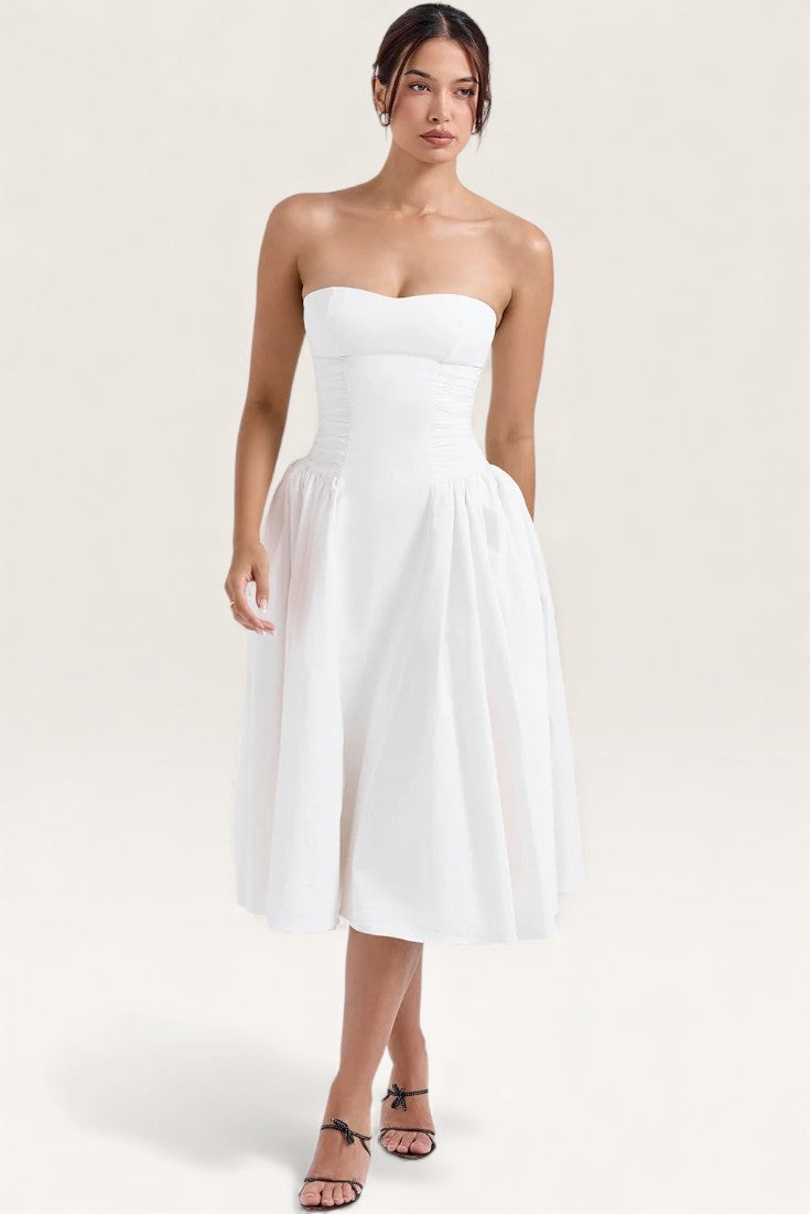 White – Chic Solid Color Strapless Dress