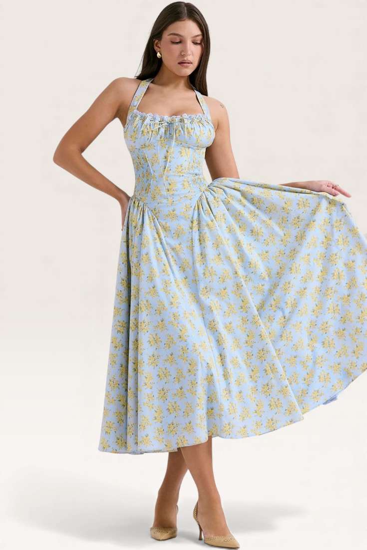 Blue - Sexy Floral Halter Neck Dress