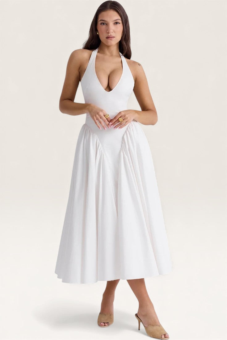 White – Elegant Halter V-Neck Flowy Dress
