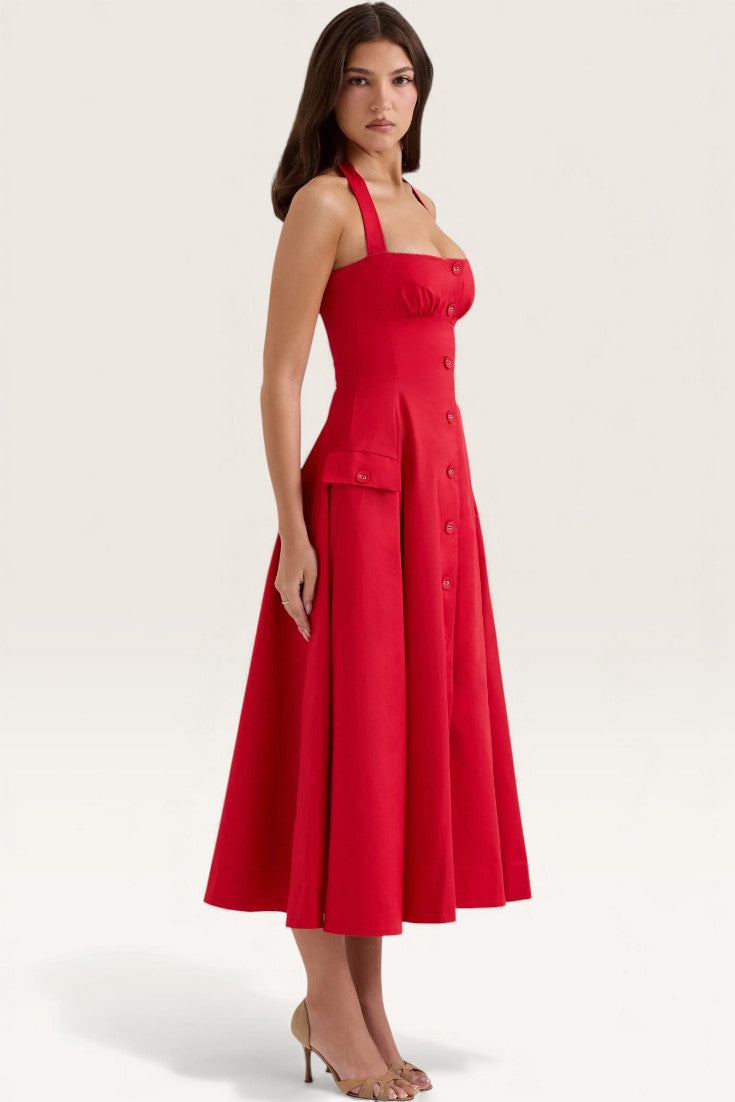 Red - Backless Halter Slim Fit Dress