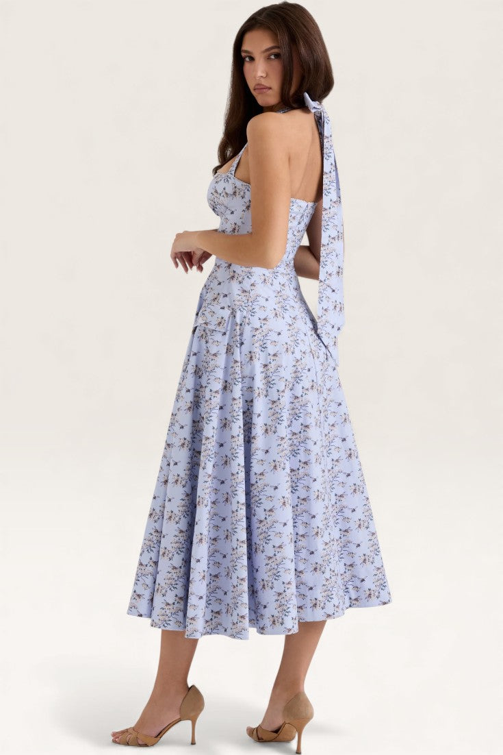 Floral - Strapless Halter Floral A-Line Dress