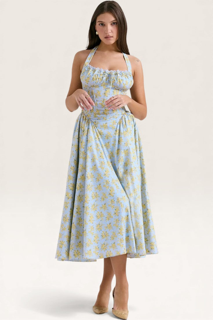 Blue - Sexy Floral Halter Neck Dress