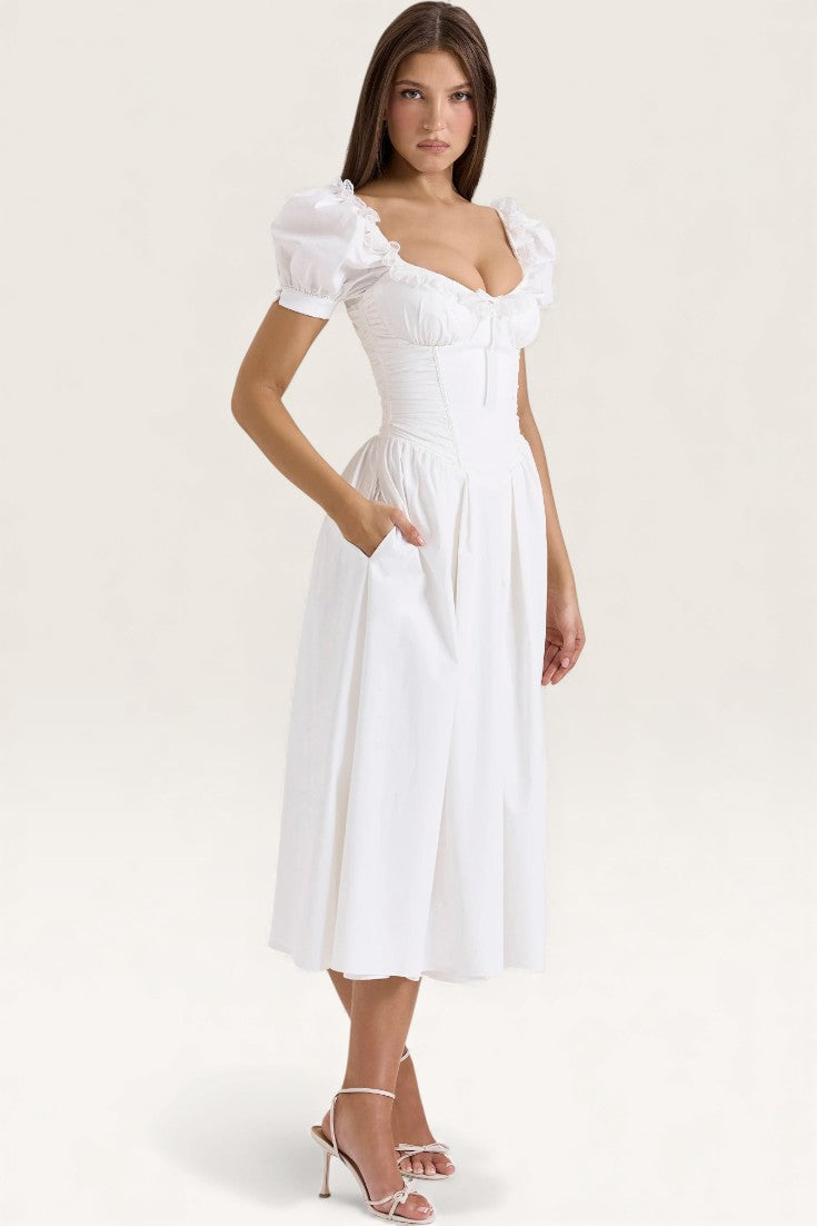 White – Sweet Lace-Panel A-Line Dress