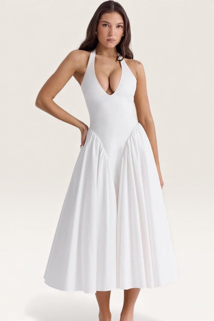 White – Elegant Halter V-Neck Flowy Dress