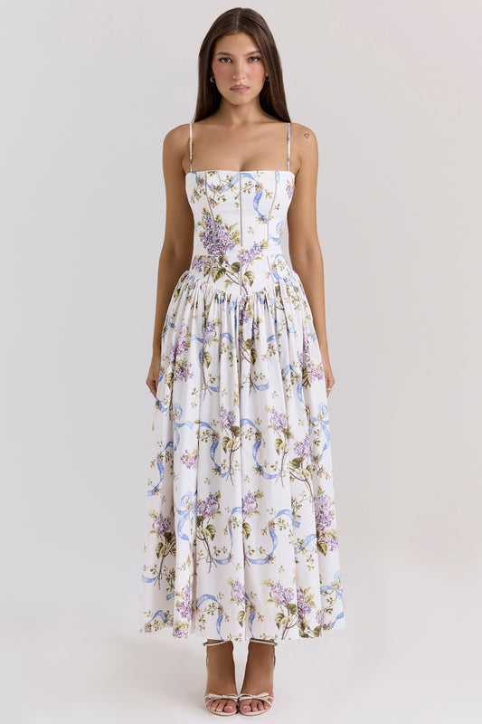 White – Floral Strapless Waist-Cinched Dress