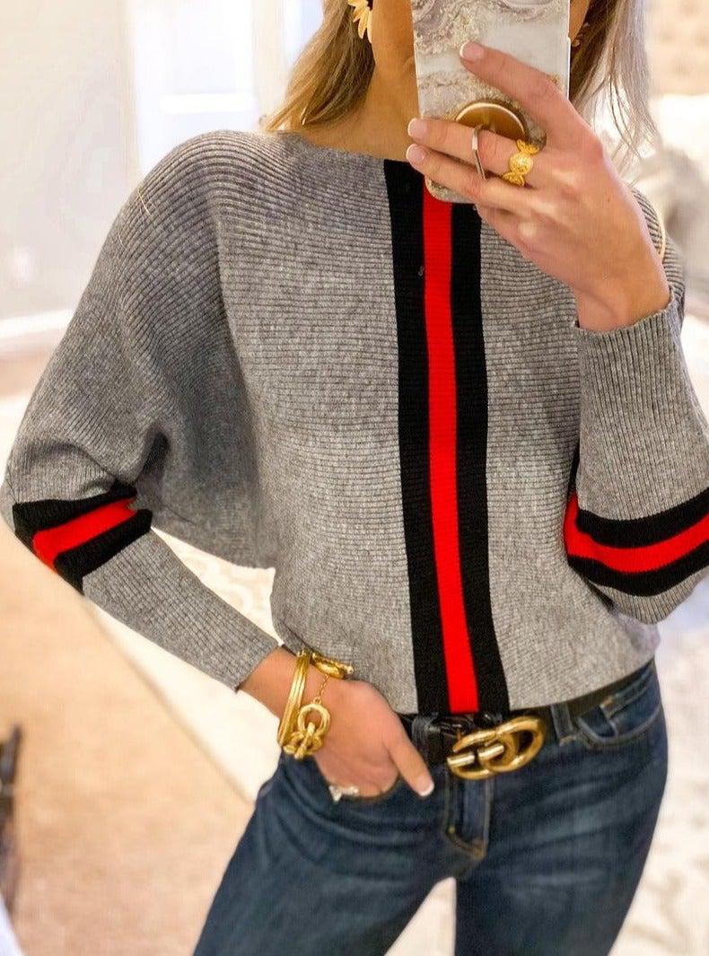 Boston Red Striped Gray Dolman Sweater