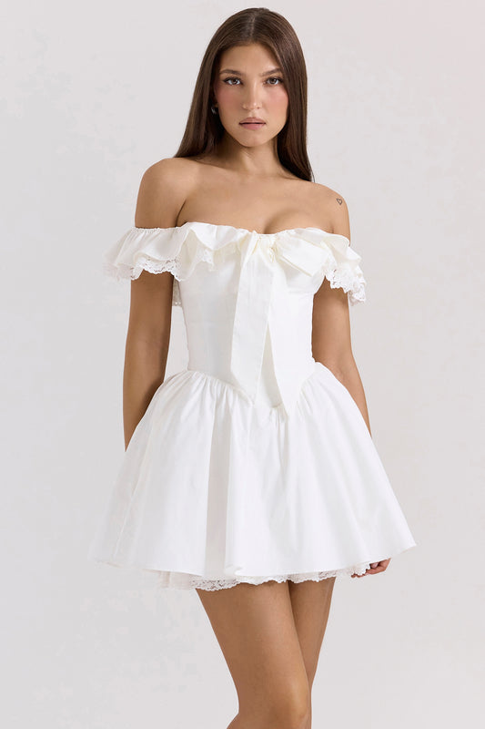 White – Lace Waist-Cinched Off-Shoulder Princess Dress