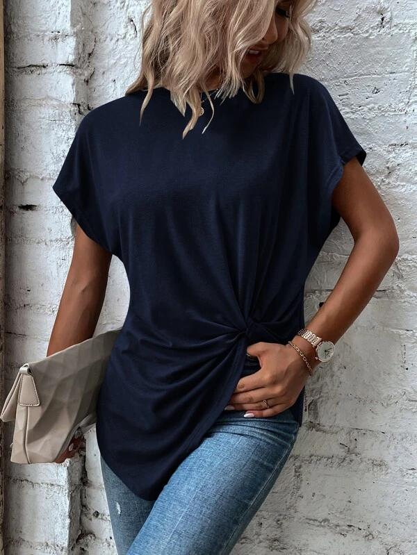 Navy Short Sleeve Front Knot Long Shirt