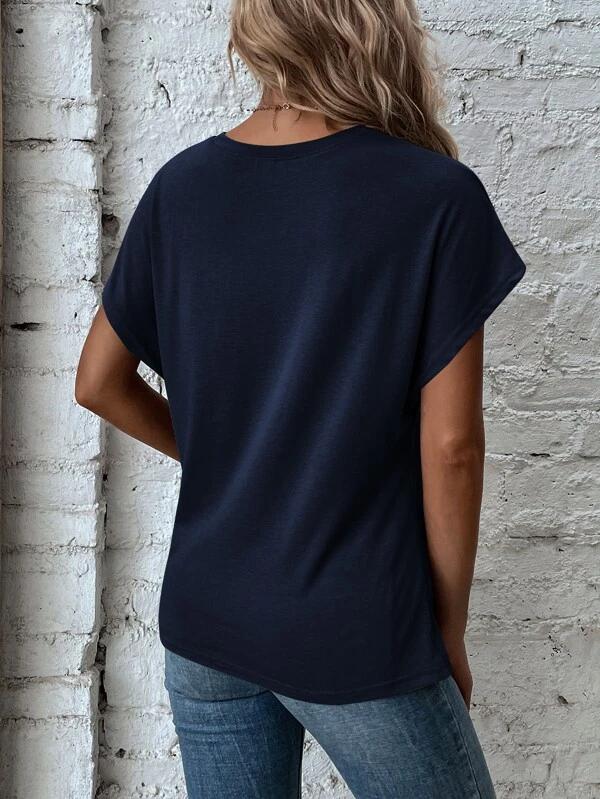 Navy Short Sleeve Front Knot Long Shirt