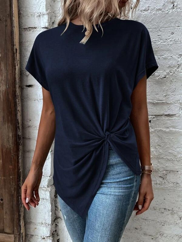 Navy Short Sleeve Front Knot Long Shirt