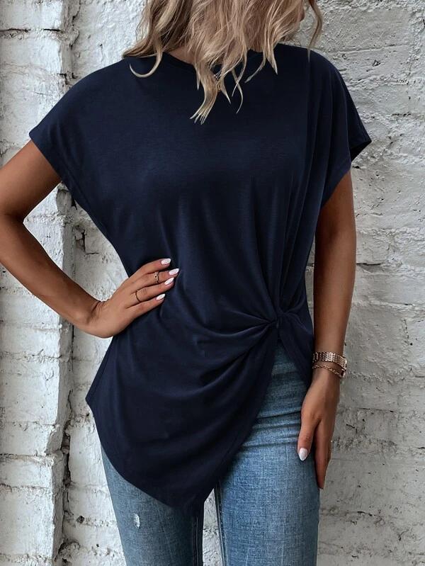 Navy Short Sleeve Front Knot Long Shirt