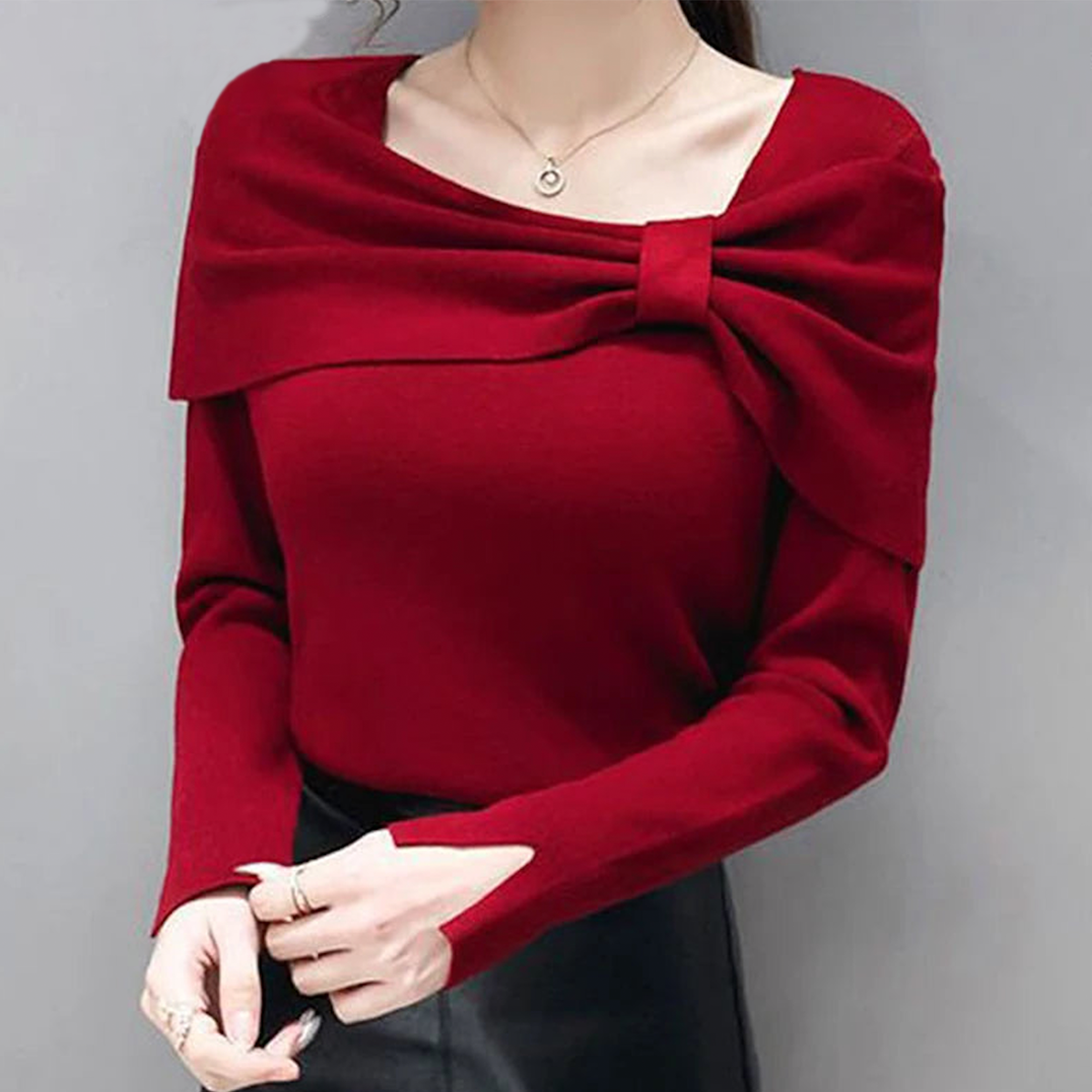 Showy Red Plain Long Sleeve Sweater