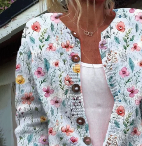 Chic Floral Print Collarless Long Sleeve Cardigan