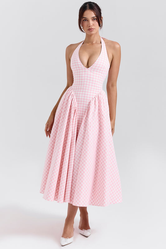 Pink – Sweet Pink Plaid Halter Dress