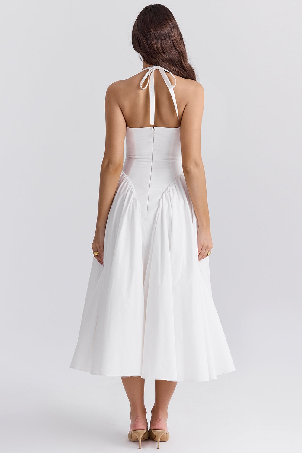 White – Elegant Halter V-Neck Flowy Dress
