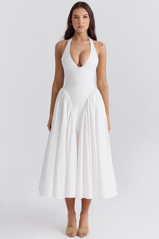 White – Elegant Halter V-Neck Flowy Dress