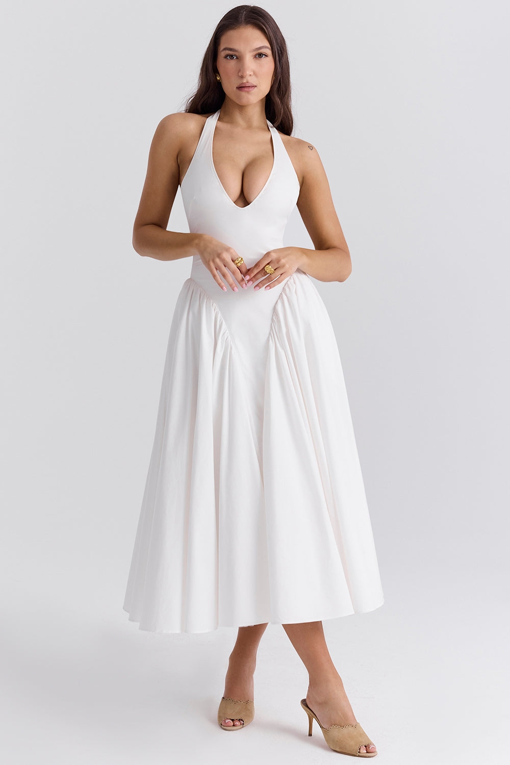 White – Elegant Halter V-Neck Flowy Dress
