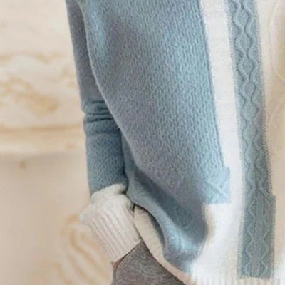 Blue Round Neck Color Block Sweater