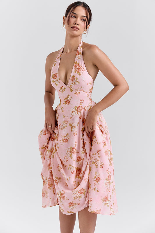 Pink – Romantic Floral Halter Vacation Dress